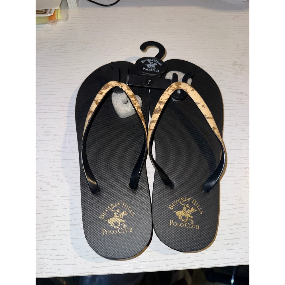 Beverly Hills Polo Club Womens Flip Flops Black Gold Leopard Print Size 7